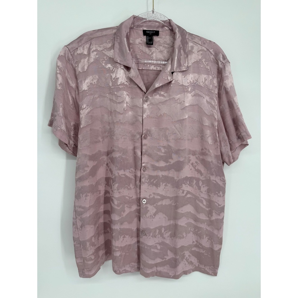 Forever 21 Men Mauve Pink Metallic Jacquard Abstract Wave Short Sleeve Shirt L
